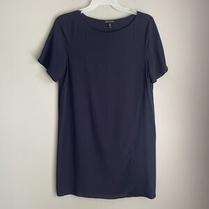 Eileen Fisher 100% Silk Dress Women's M Blue Boxy Two Tone Short Sleeve Career